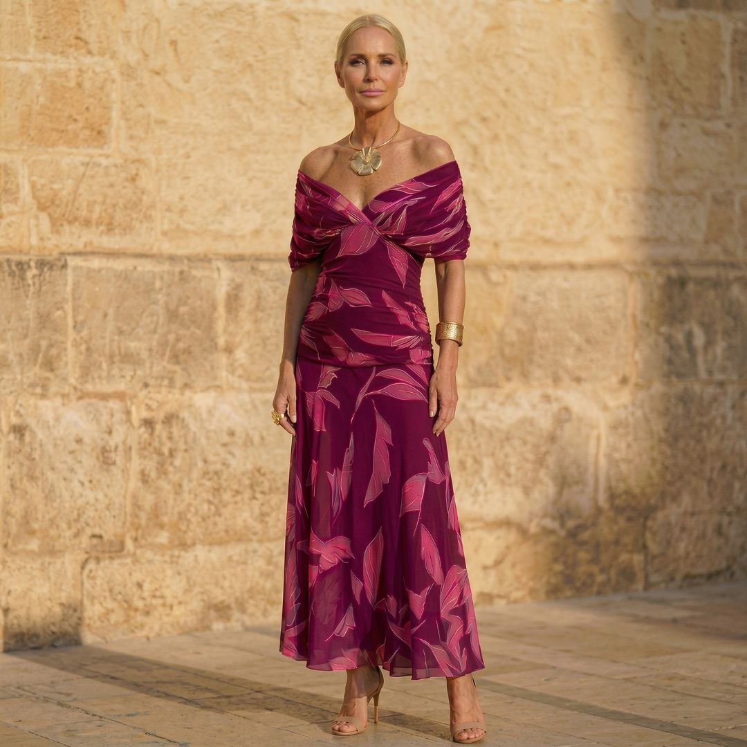 Celeste | Vestido Elegante Padrão Folha